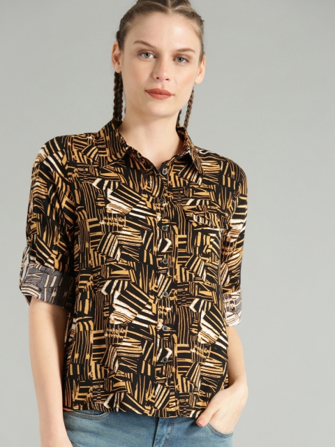 

The Roadster Lifestyle Co Women Black & Mustard Yellow Regular Fit Printed Casual Shirt