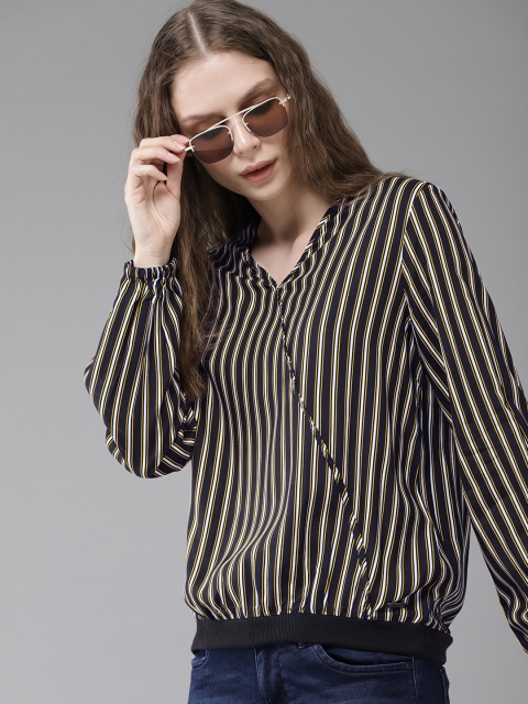 

The Roadster Lifestyle Co Women Navy Blue & White Striped Regular Top