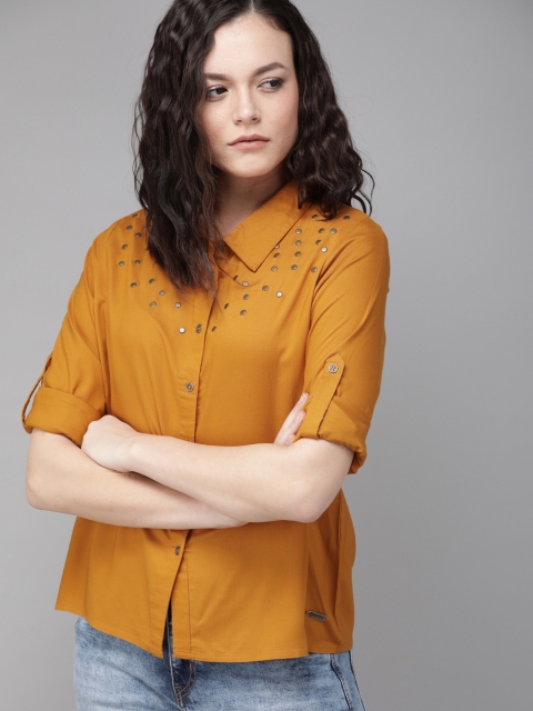 

The Roadster Lifestyle Co Women Mustard Yellow Regular Fit Solid Casual Shirt with Embellished Detail