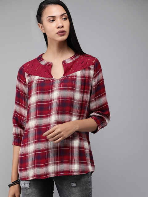 

The Roadster Lifestyle Co Women Maroon & Off White Checked Top With Lace Detailing