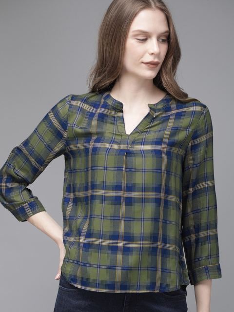 

The Roadster Lifestyle Co Women Olive Green & Navy Blue Checked Styled Back Top