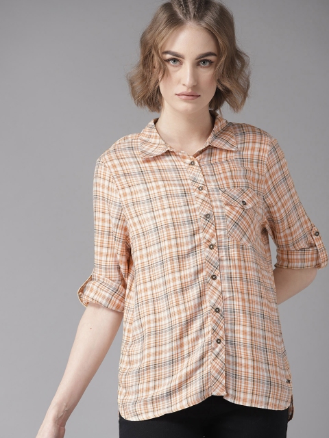 

Roadster Women White & Orange Regular Fit Checked Casual Shirt, Off white