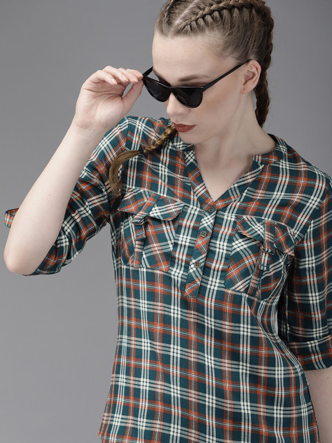 

Roadster Women Teal Blue & Orange Regular Fit Checked Casual Shirt