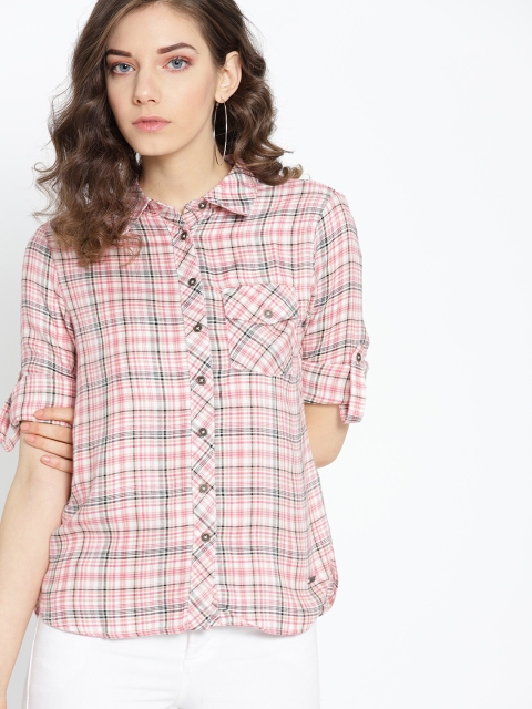 

Roadster Women Pink & Black Regular Fit Checked Casual Shirt