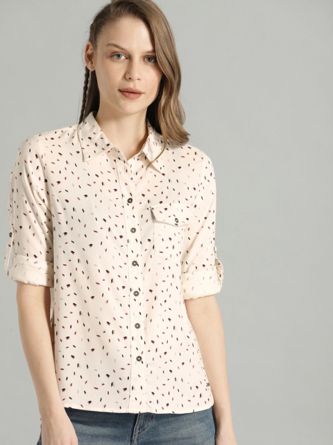 

The Roadster Lifestyle Co Women Off-White & Brown Regular Fit Printed Casual Shirt