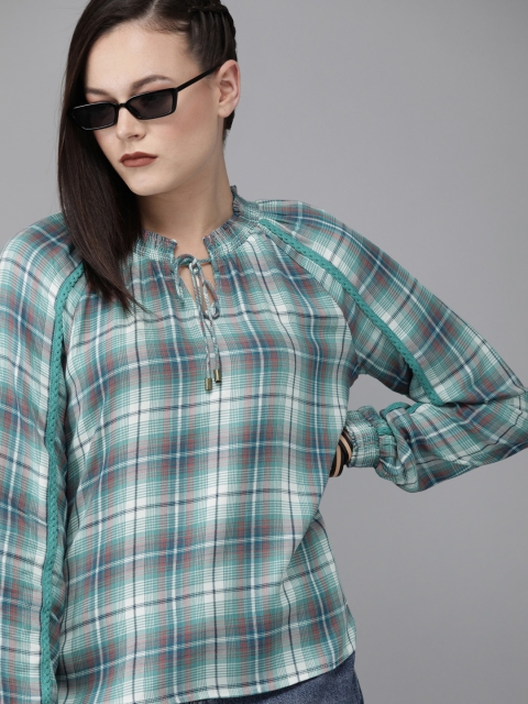 

Roadster Women Teal Blue Checked Top With Smocking Detail