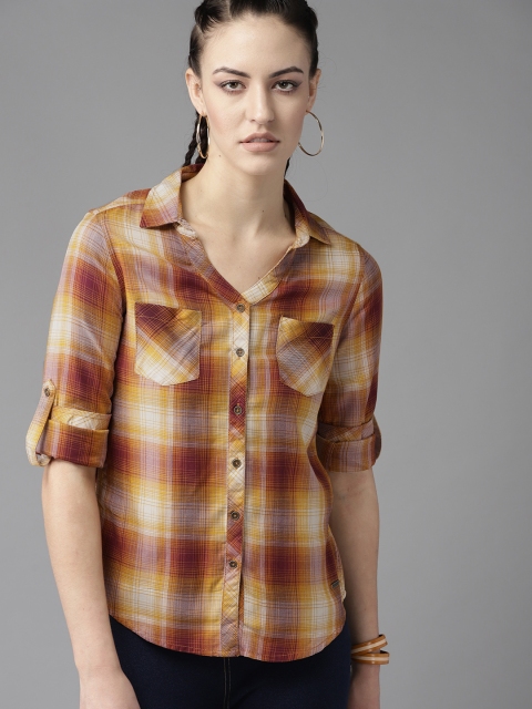 

Roadster Women Mustard Yellow & Brown Regular Fit Checked Casual Shirt