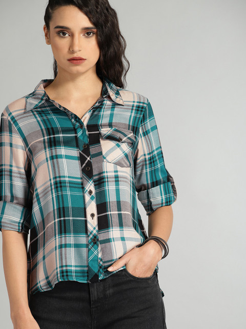 

The Roadster Lifestyle Co Women Teal Green & Peach-Coloured Regular Fit Checked Casual Shirt