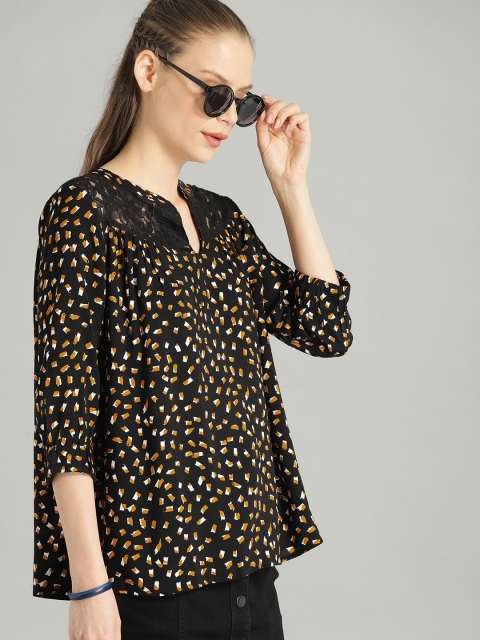 

Roadster Women Black & Mustard Yellow Printed Boxy Top