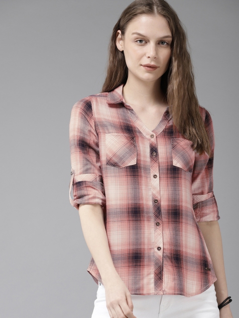 

Roadster Women Pink & Navy Blue Regular Fit Checked Casual Shirt