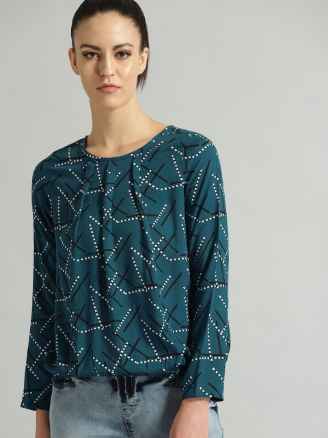 

The Roadster Lifestyle Co Women Teal Blue & White Printed Blouson Top