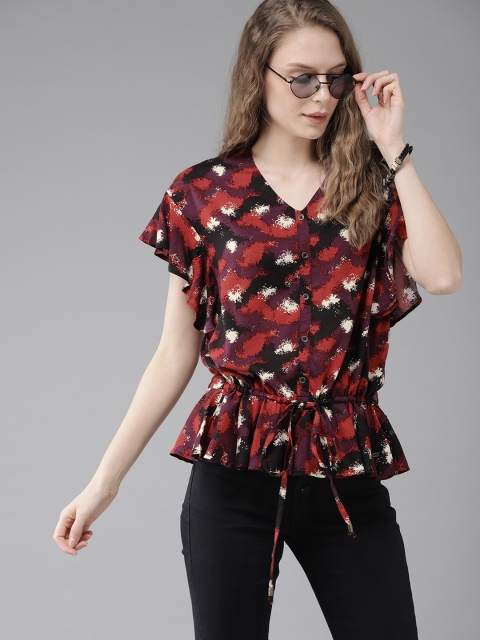 

The Roadster Lifestyle Co Women Rust Red & Burgundy Printed Cinched Waist Top