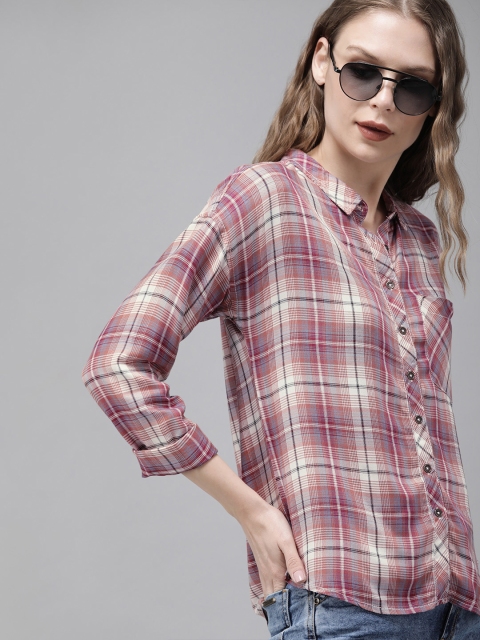 

The Roadster Lifestyle Co Women Brown & White Regular Fit Checked Casual Shirt