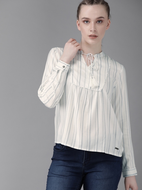 

The Roadster Lifestyle Co Women White & Navy Blue Striped Regular Top