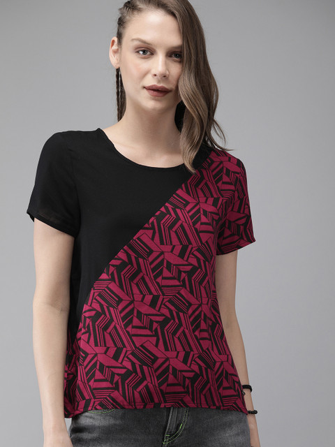 

The Roadster Lifestyle Co Women Black & Burgundy Printed Top