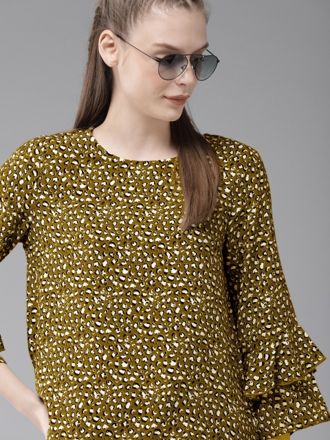 

Roadster Women Olive Green Leopard Printed Regular Top