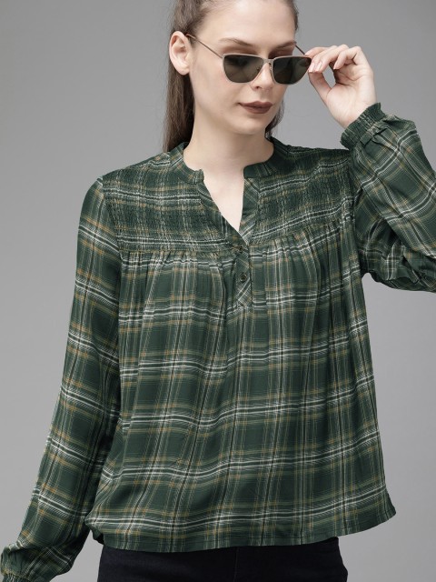 

The Roadster Lifestyle Co Women Green & Yellow Checked Top With Smocked Yoke