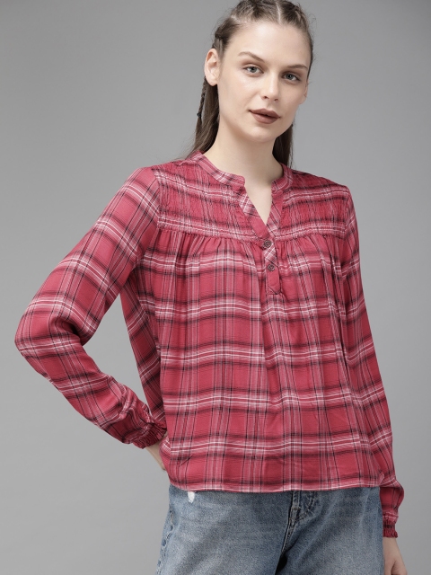 Women Pink & Black Checked Top With Smocked Yoke