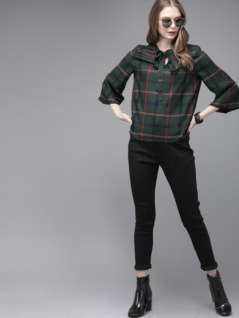 

The Roadster Lifestyle Co Women Olive Green & Pink Checked Top
