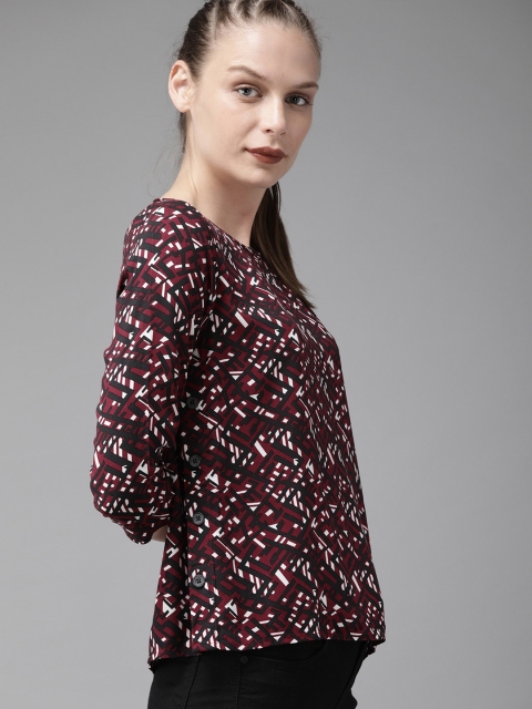 

Roadster Women Burgundy & Black Abstract Printed Regular Top With Button Detail