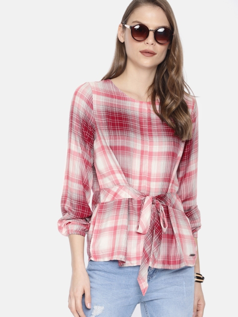 

Roadster Women Pink Checked Cinched Waist Top