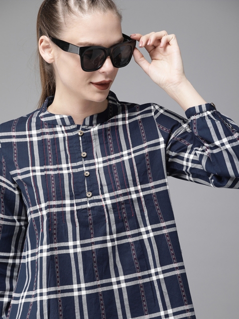 

Roadster Women Navy Blue & White Checked Shirt Style Top