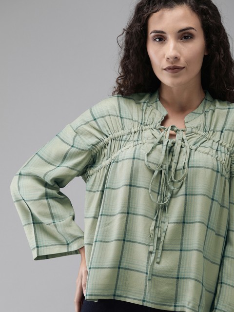 

Roadster Women Sea Green Checked Tie-Up Neck Top
