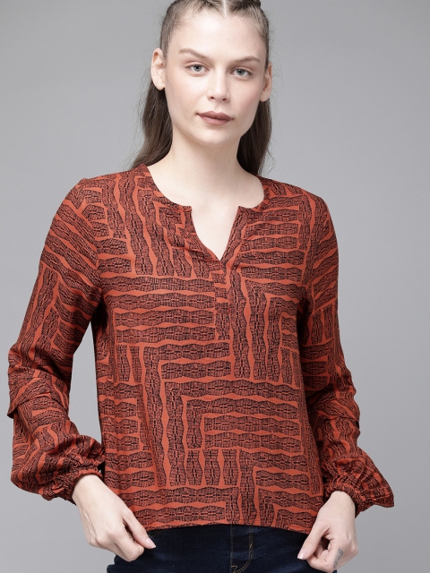 

Roadster Women Rust Orange & Black Printed Regular Top