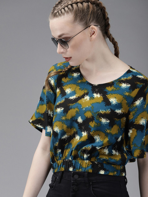 

The Roadster Lifestyle Co Women Black & Teal Blue Printed Cropped Blouson Top