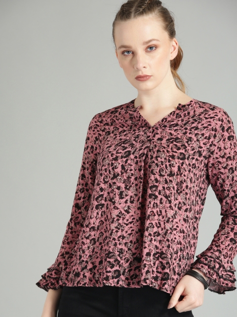 

Roadster Women Pink & Black Leopard Print Regular Top