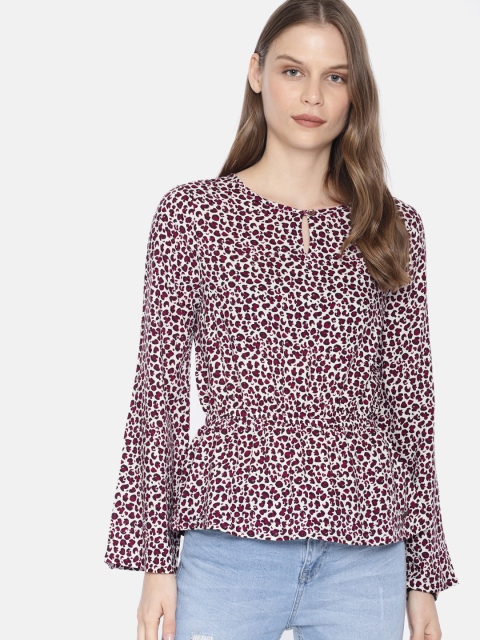

Roadster Women White Leopard Printed Cinched Waist Top