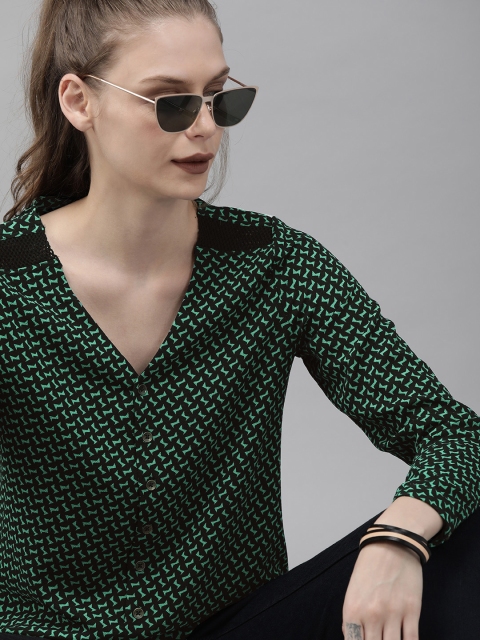 

Roadster Women Black & Turquoise Blue Printed Top With Mesh Detailing