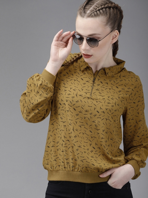 

Roadster Women Mustard Yellow & Black Printed Blouson Top