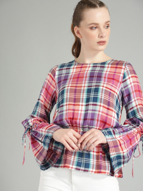 

Roadster Women Red & Blue Checked Cinched Waist Top