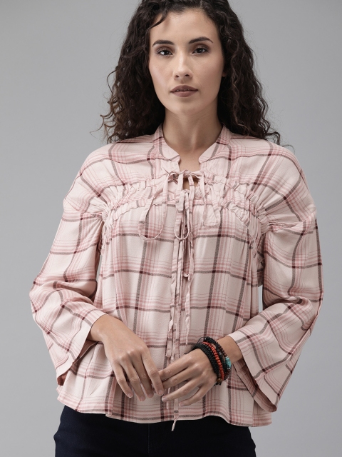 

Roadster Women Pink Checked Tie-Up Neck Top