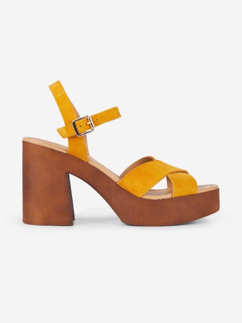 

DOROTHY PERKINS Women Mustard Yellow Solid Leather Platform Heels