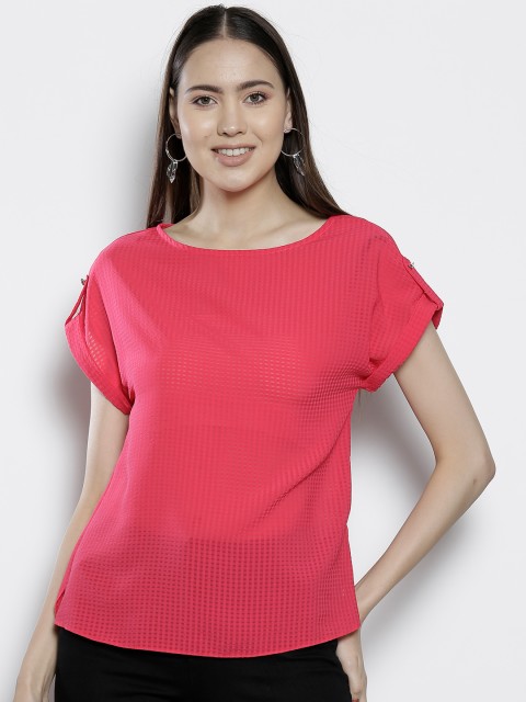 

DOROTHY PERKINS Women Fuchsia Self Checked Semi-Sheer High-Low Top