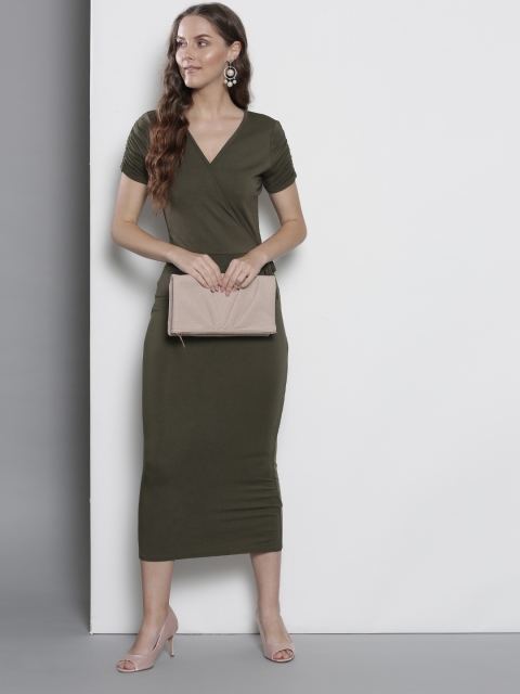 

DOROTHY PERKINS Women Olive Green Solid Wrap Dress