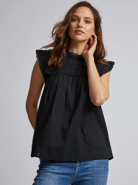 

DOROTHY PERKINS Women Black Schiffli Embroidered Detail A-Line Top