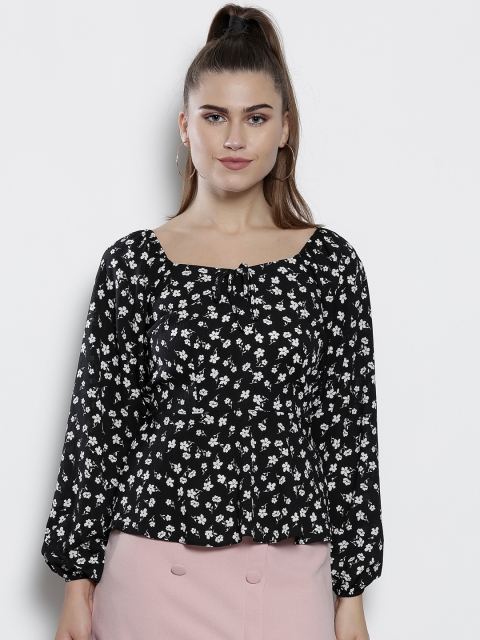 

DOROTHY PERKINS Women Black & White Floral Print Cinched Waist Top