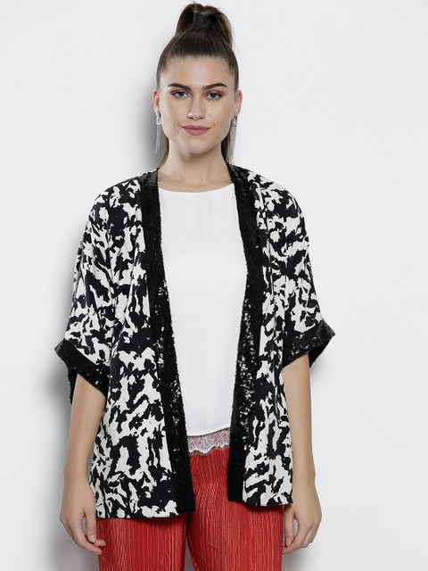 

DOROTHY PERKINS Women Black & White Printed Open Front Shrug