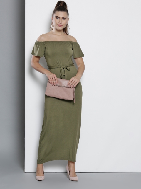 

DOROTHY PERKINS Women Olive Green Solid Off-Shoulder Maxi Dress