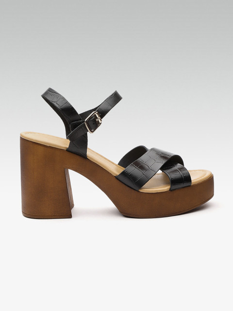 

DOROTHY PERKINS Women Black Leather Croc Textured Platform Heels