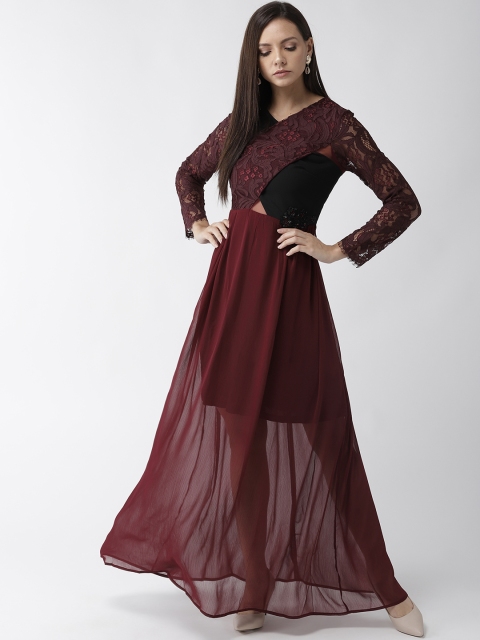 

Madame Women Burgundy Lace Detail Sheer Maxi Dress