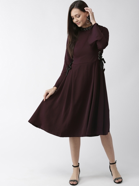 

Madame Women Burgundy Solid Midi A-Line Dress