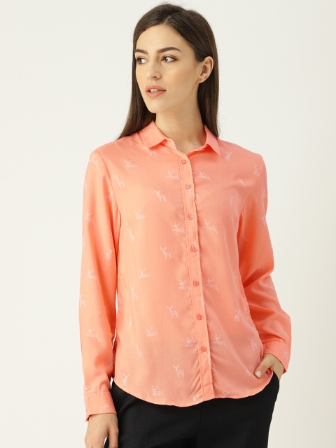 

Allen Solly Woman Women Peach-Coloured & White Regular Fit Printed Casual Shirt
