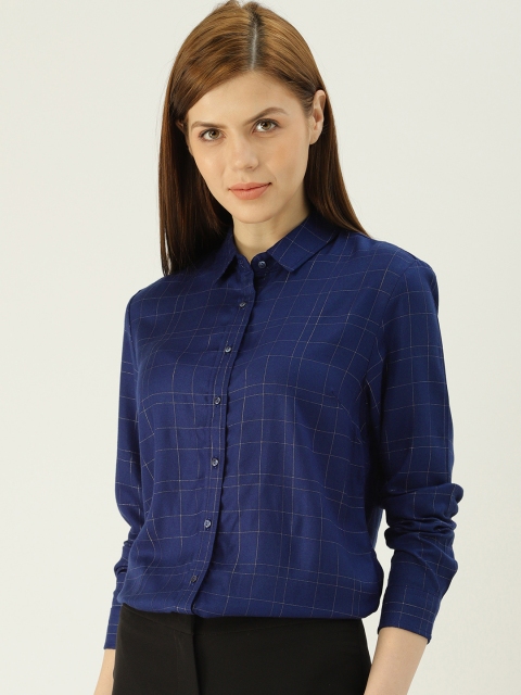 

Allen Solly Woman Navy Blue & Silver-Toned Regular Fit Checked Casual Shirt