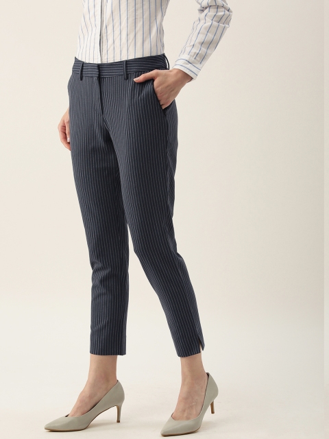 

Allen Solly Woman Navy Blue & White Slim Fit Striped Formal Regular Cropped Trousers