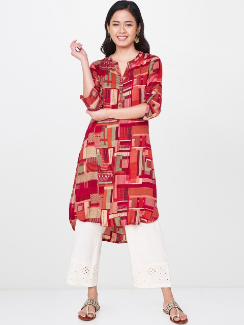 

Global Desi Women Pink & Orange Printed Straight Kurta