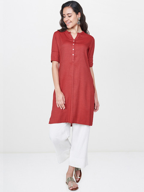 

Global Desi Women Red Striped Pathani Kurta